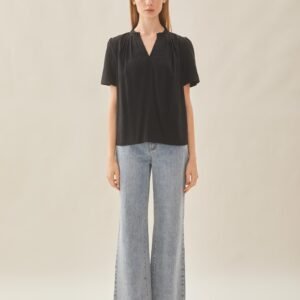 Pleated V Neck Blouse in Black
