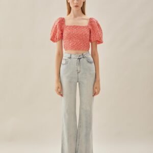 Puffed Sleeved Shirred Top in Red Bloom