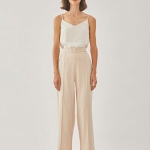 High Waisted Wide Legged Trousers w Foldlines In Light Sand